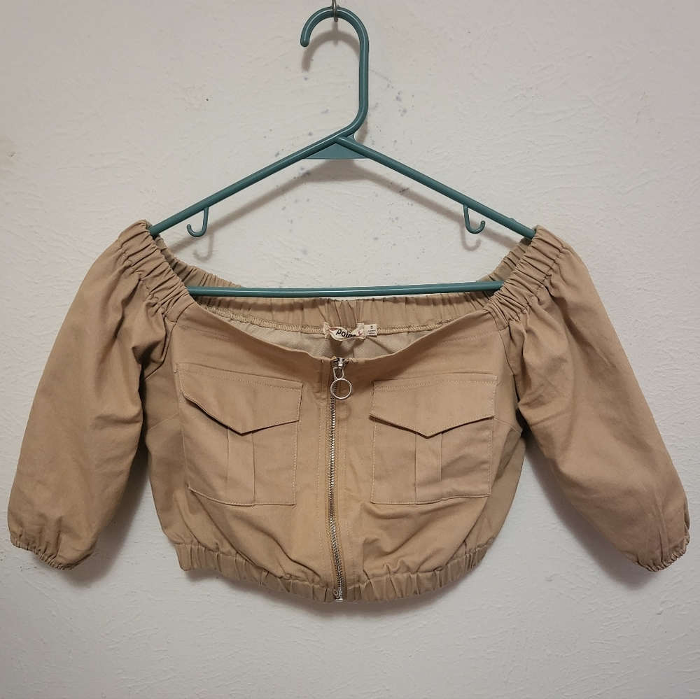 Beige Cargo Open Shoulder Top